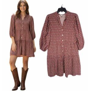 Max Studio Womens Red & White Boho Print Rayon Mini Dress With V-Neck & 3/4 Slee